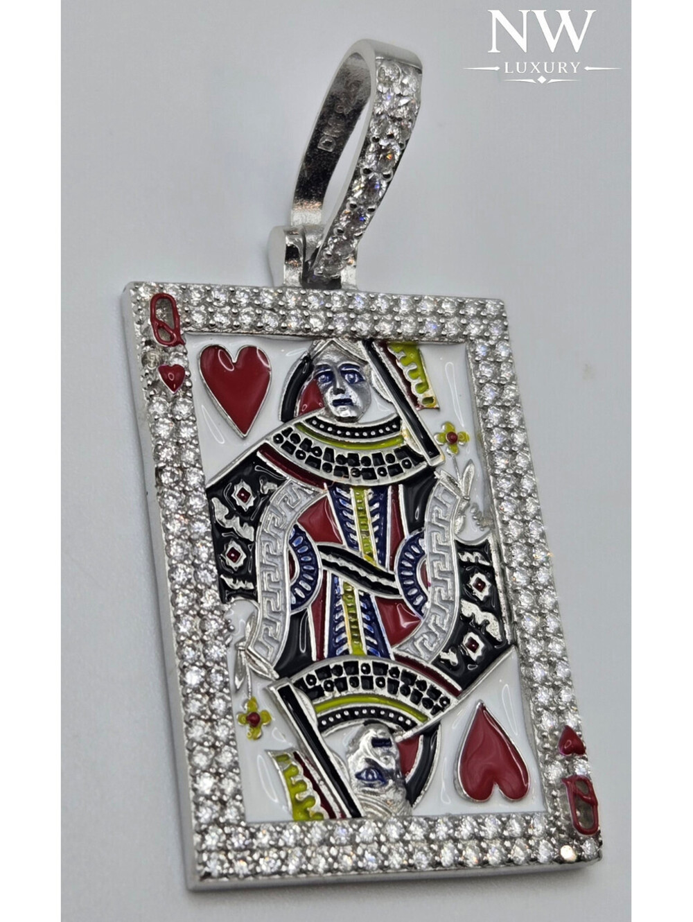 4 CTW Moissanite Queen Playing Card Pendant Solid 925 Sterling Silver Iced